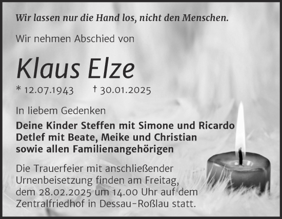 Traueranzeige von Klaus Elze von Trauerkombi Dessau