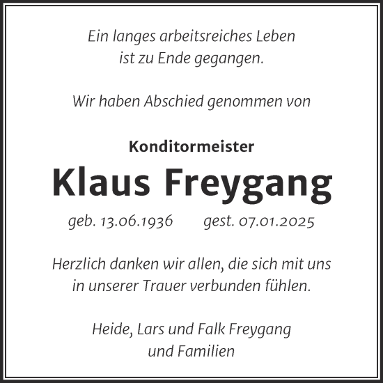 Traueranzeige von Klaus Freygang von Mitteldeutsche Zeitung Sangerhausen