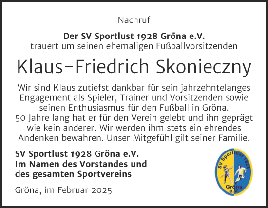 Traueranzeige von Klaus-Friedrich Skonieczny von Super Sonntag Bernburg