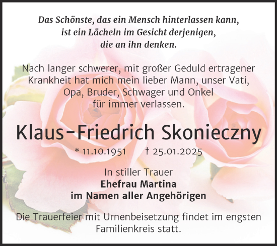 Traueranzeige von Klaus-Friedrich Skonieczny von Trauerkombi Bernburg