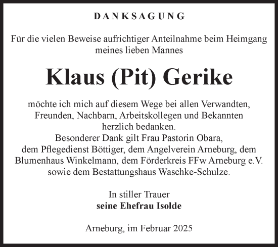 Traueranzeige von Klaus Gerike von Volksstimme Altmark Ost
