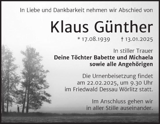 Traueranzeige von Klaus Günther von Trauerkombi Dessau
