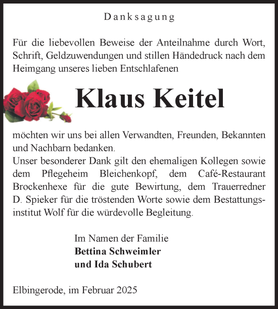 Traueranzeige von Klaus Keitel von Volksstimme Wernigerode