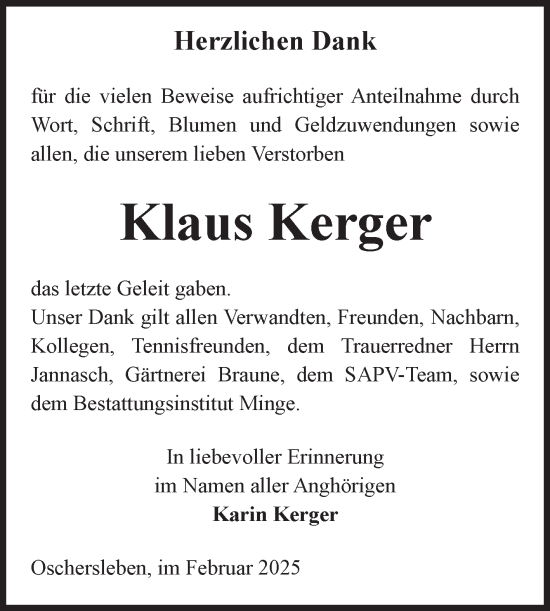 Traueranzeige von Klaus Kerger von Volksstimme Oschersleben/Wanzleben