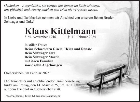 Traueranzeige von Klaus Kittelmann von Volksstimme Oschersleben/Wanzleben