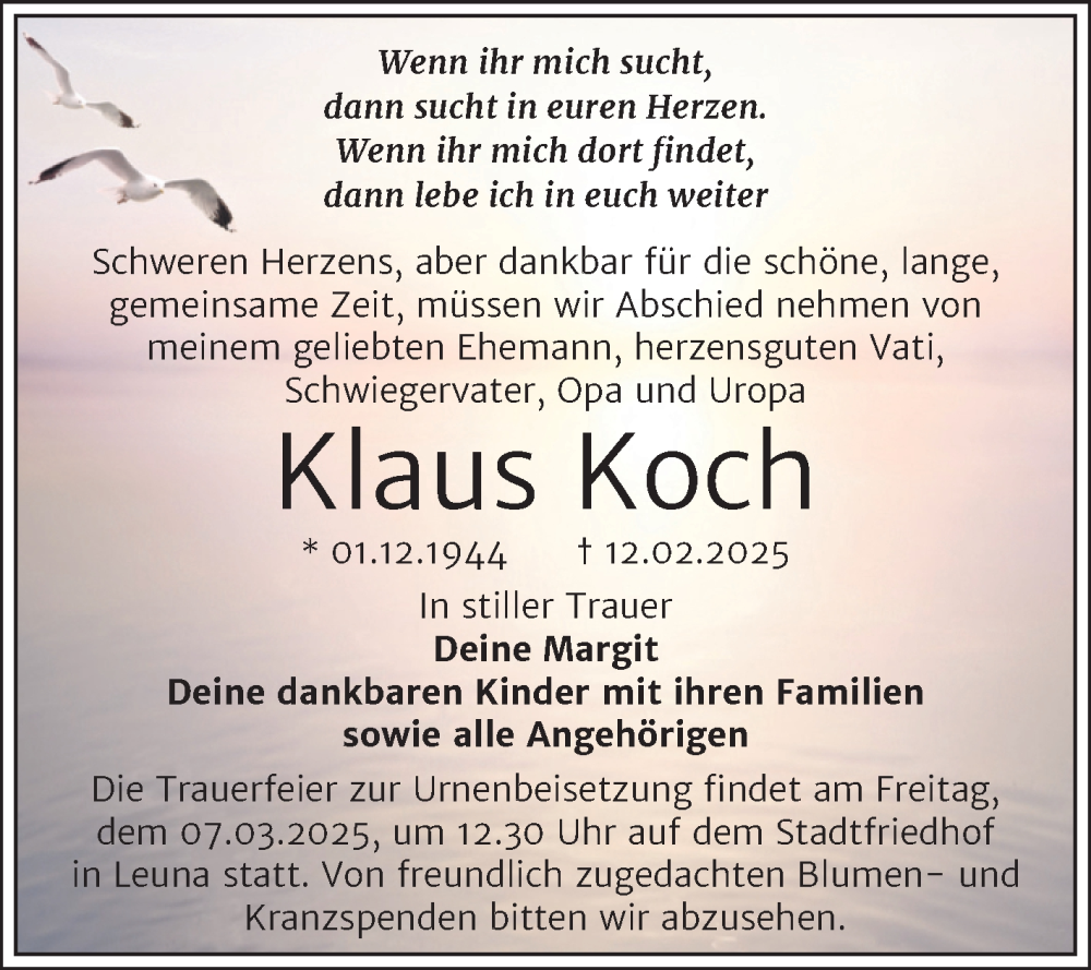  Traueranzeige für Klaus Koch vom 22.02.2025 aus Trauerkombi Merseburg