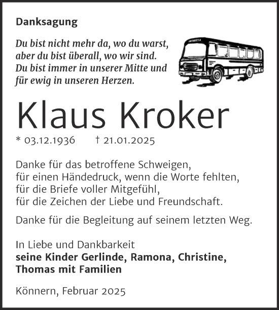 Traueranzeige von Klaus Kroker von Trauerkombi Bernburg