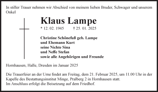 Traueranzeige von Klaus Lampe von Volksstimme Oschersleben/Wanzleben