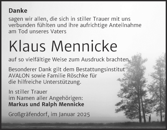 Traueranzeige von Klaus Mennicke von Trauerkombi Merseburg