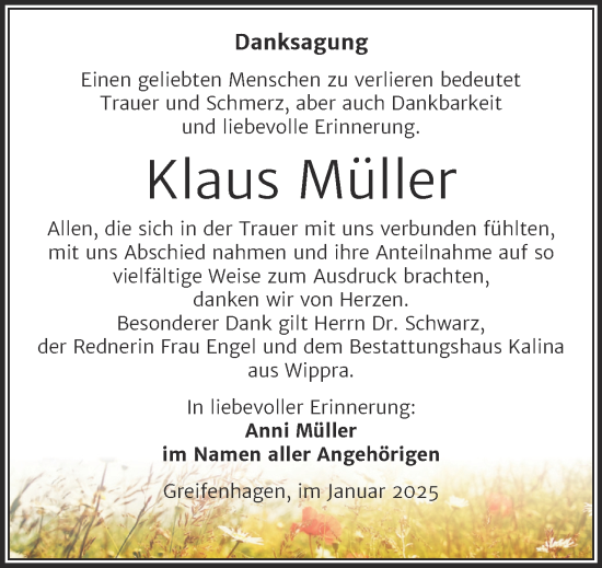 Traueranzeige von Klaus Müller von Trauerkombi Mansfelder Land