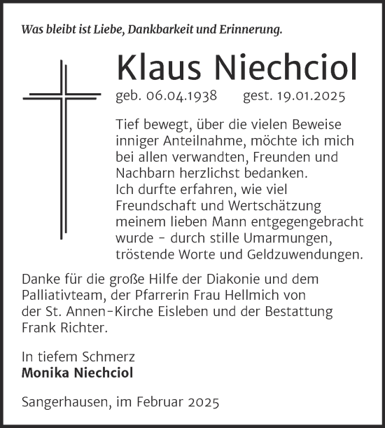 Traueranzeige von Klaus Niechciol von Trauerkombi Sangerhausen
