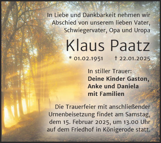 Traueranzeige von Klaus Paatz von Trauerkombi Quedlinburg