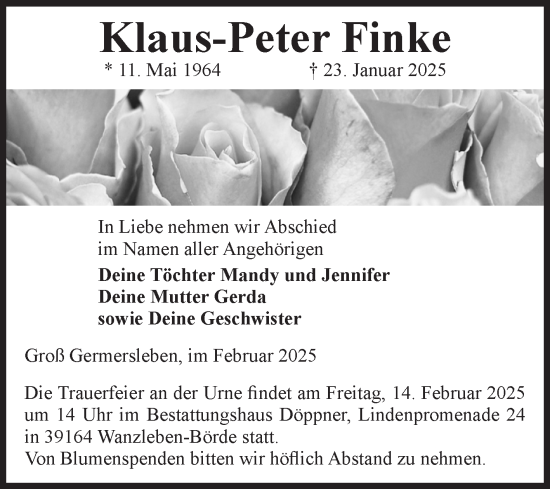 Traueranzeige von Klaus-Peter Finke von Volksstimme Oschersleben/Wanzleben