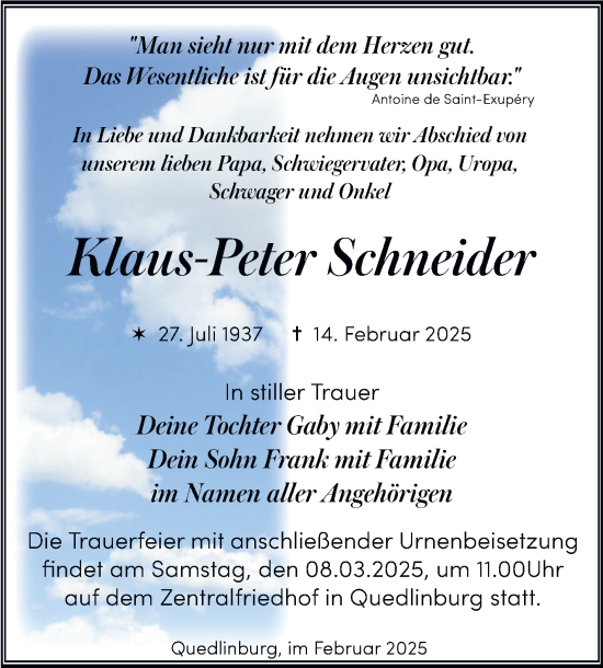 Traueranzeige von Klaus-Peter Schneider von Trauerkombi Quedlinburg