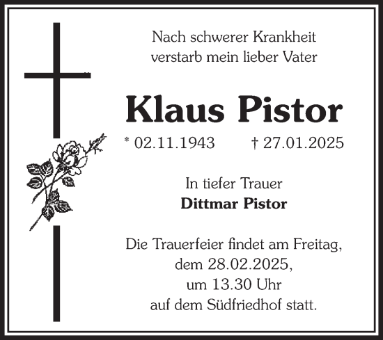 Traueranzeige von Klaus Pistor von Volksstimme Magdeburg