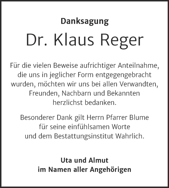 Traueranzeige von Klaus Reger von Trauerkombi Mansfelder Land