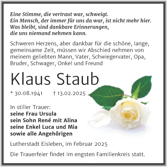 Traueranzeige von Klaus Staub von Trauerkombi Mansfelder Land