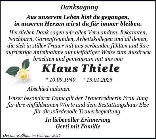 Traueranzeige von Klaus Thiele von Trauerkombi Dessau
