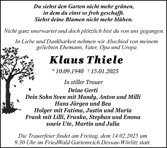 Traueranzeige von Klaus Thiele von Trauerkombi Dessau