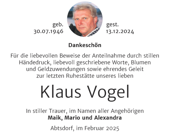 Traueranzeige von Klaus Vogel von Trauerkombi Wittenberg