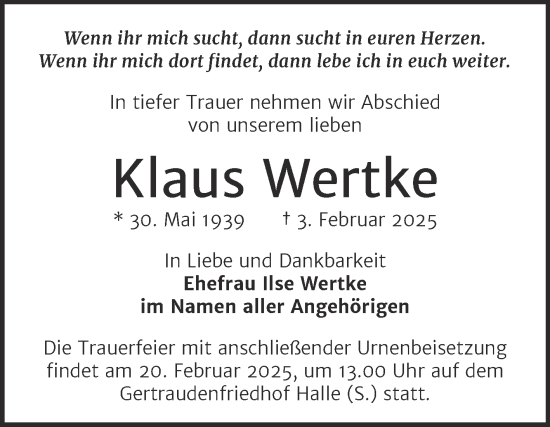 Traueranzeige von Klaus Wertke von Mitteldeutsche Zeitung Halle/Saalkreis