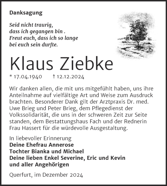 Traueranzeige von Klaus Ziebke von Trauerkombi Merseburg