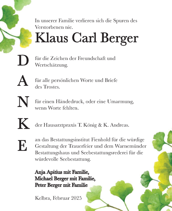 Traueranzeige von Klaus Carl Berger von Trauerkombi Sangerhausen