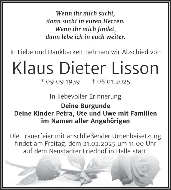 Traueranzeige von Klaus Dieter Lisson von Mitteldeutsche Zeitung Halle/Saalkreis