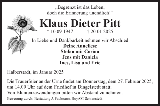 Traueranzeige von Klaus Dieter Pitt von Volksstimme Halberstadt