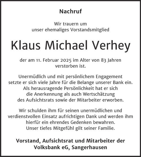 Traueranzeige von Klaus Michael Verhey von Mitteldeutsche Zeitung Sangerhausen