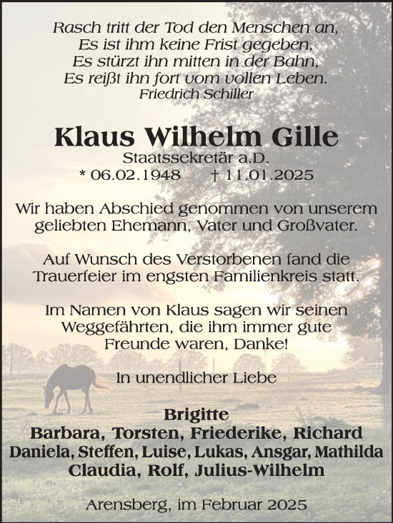 Traueranzeige von Klaus Wilhelm Gille von Volksstimme Altmark Ost