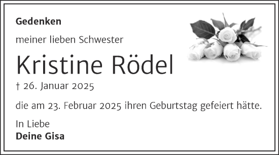 Traueranzeige von Kristine Rödel von Mitteldeutsche Zeitung Halle/Saalkreis