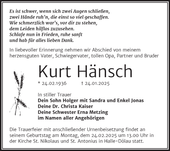 Traueranzeige von Kurt Hänsch von Mitteldeutsche Zeitung Aschersleben