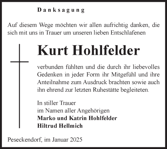 Traueranzeige von Kurt Hohlfelder von Volksstimme Oschersleben/Wanzleben