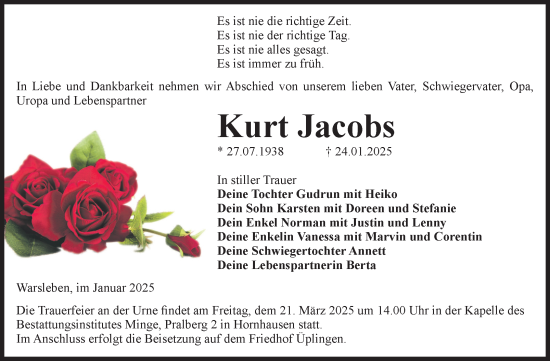 Traueranzeige von Kurt Jacobs von Volksstimme Oschersleben/Wanzleben