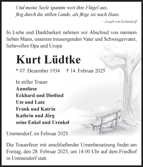 Traueranzeige von Kurt Lüdtke von Volksstimme Oschersleben/Wanzleben