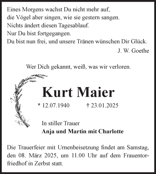 Traueranzeige von Kurt Maier von Volksstimme Zerbst