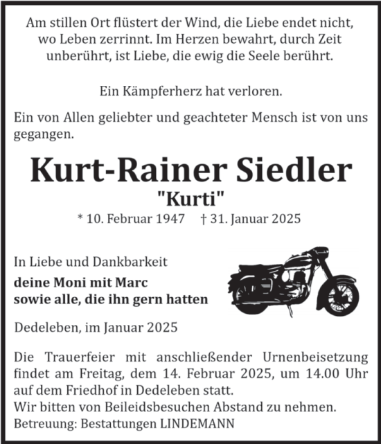 Traueranzeige von Kurt-Rainer Siedler von Volksstimme Halberstadt