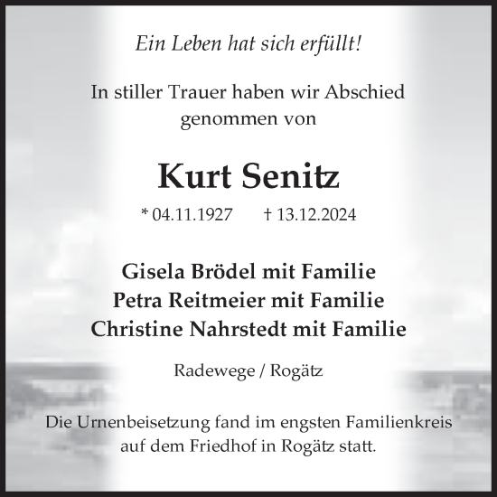 Traueranzeige von Kurt Senitz von Volksstimme Haldensleben/Wolmirstedt