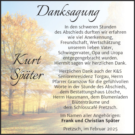 Traueranzeige von Kurt Später von Trauerkombi Wittenberg
