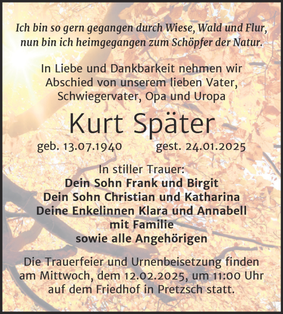 Traueranzeige von Kurt Später von Trauerkombi Wittenberg