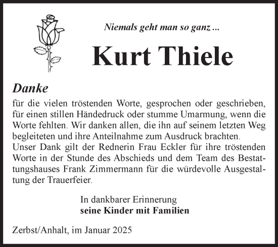 Traueranzeige von Kurt Thiele von Volksstimme Zerbst
