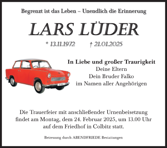Traueranzeige von Lars Lüder von Volksstimme Haldensleben/Wolmirstedt