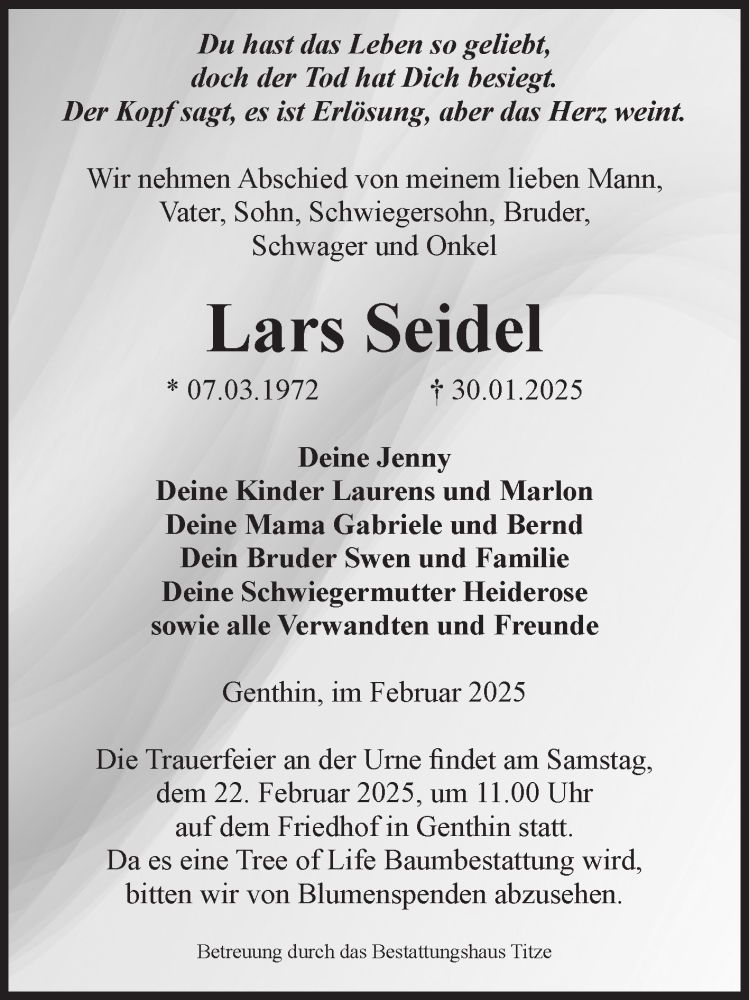  Traueranzeige für Lars Seidel vom 08.02.2025 aus Volksstimme Burg/Genthin