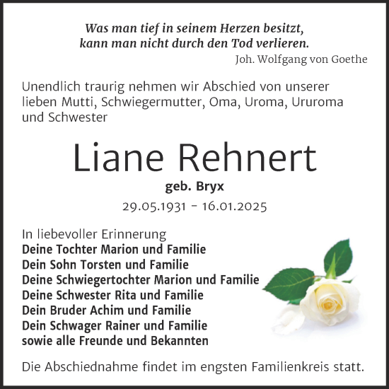 Traueranzeige von Liane Rehnert von Trauerkombi Zeitz