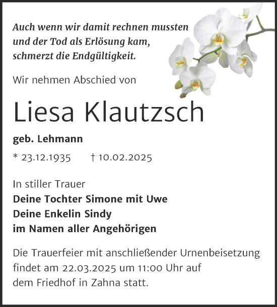 Traueranzeige von Liesa Klautzsch von Trauerkombi Wittenberg