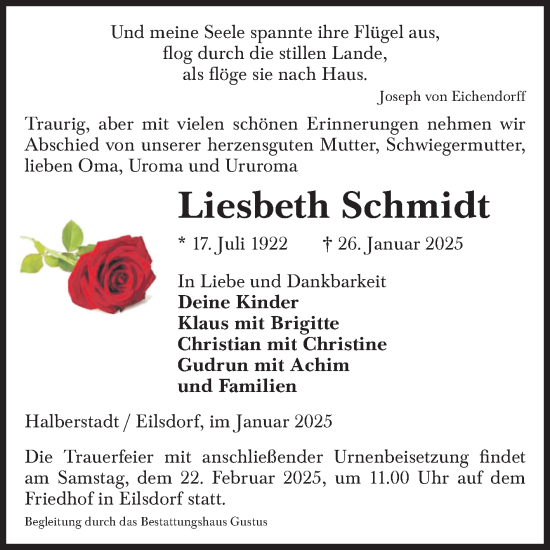 Traueranzeige von Liesbeth Schmidt von Volksstimme Halberstadt
