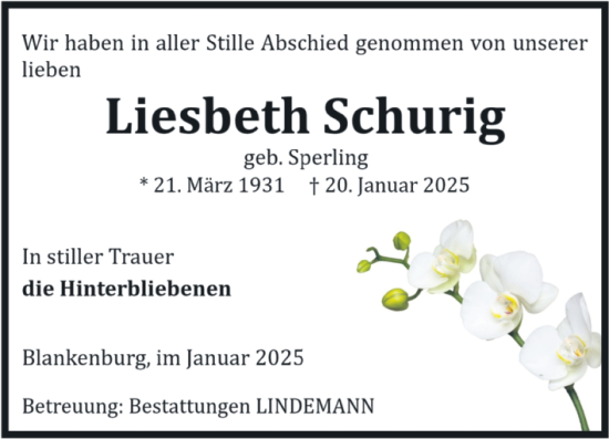 Traueranzeige von Liesbeth Schurig von Volksstimme Wernigerode