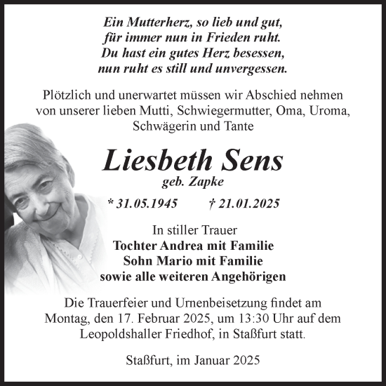 Traueranzeige von Liesbeth Sens 