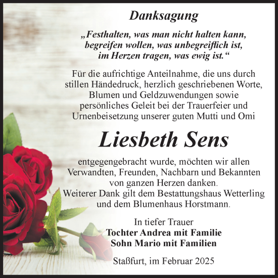 Traueranzeige von Liesbeth Sens 